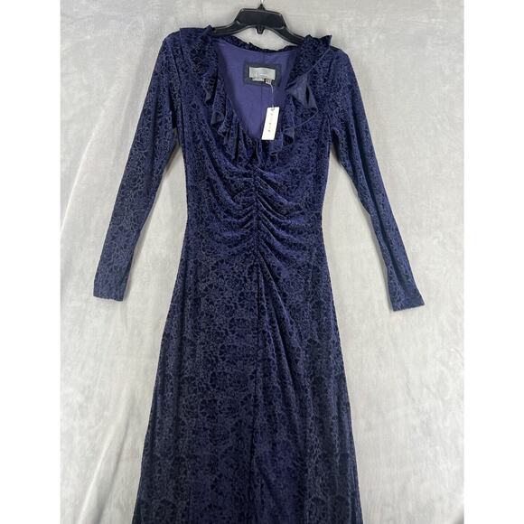 Anthropologie Velvet Ruched Maxi Dress Size Small Blue V-neck - Picture 3 of 11